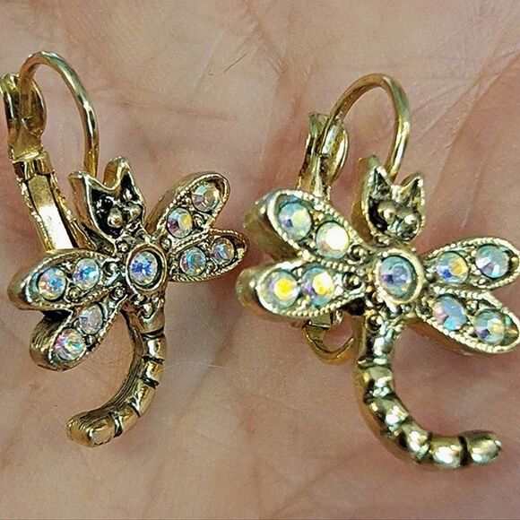Kirks Folly Gold Dragonfly Pierced Earrings with Iridescent AB Crystal Accents - Picture 2 of 6